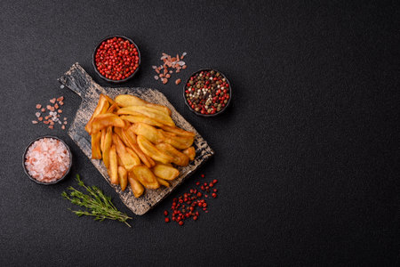 Fried crispy French fries with salt, spices, food for lunch. Fast food, takeaway