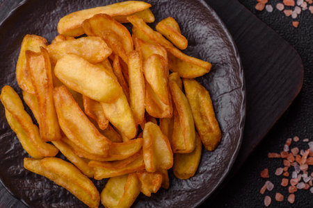 Fried crispy French fries with salt, spices, food for lunch. Fast food, takeaway