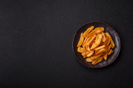 Fried crispy French fries with salt, spices, food for lunch. Fast food, takeaway