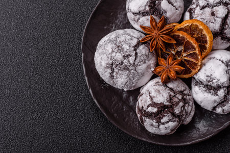 Chocolate crinkle cookies sprinkled with powdered sugar, homemade baking. Crinkle cookies with cocoa...