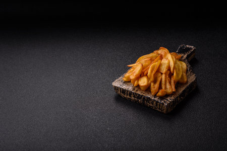 Fried crispy French fries with salt, spices, food for lunch. Fast food, takeaway