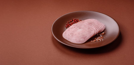 Sliced ham, meat or pork sausage for sandwiches. Cooked smoked prosciutto, ham as an ingredient for...
