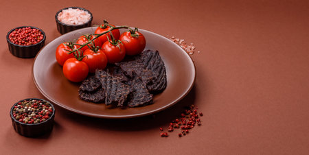 Snacks or jerky, beef slice meat dried, dehydrated. Beef snack, chewy meat for beer