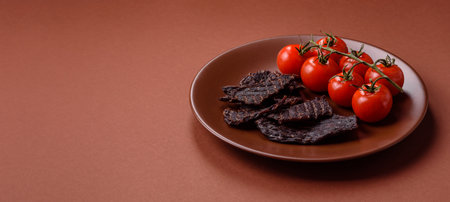 Snacks or jerky, beef slice meat dried, dehydrated. Beef snack, chewy meat for beerの写真素材