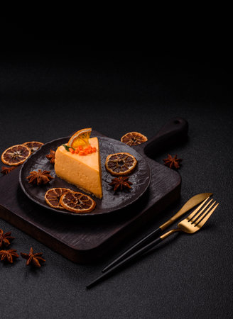 A slice of yellow cheesecake cake flavored with lemon and passion fruit. Cheesecake, home baking, birthday sweetsの写真素材