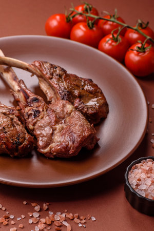 Meat, grilled rack of veal, ribs or steak. Meat dish, barbecued foodの写真素材