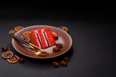 A piece of red velvet cake as a food background. Sweet pastries for birthday celebrations, weddings
