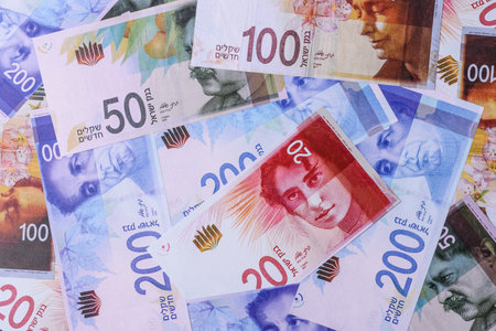 Israeli paper money, banknotes, shekel currency for business and financial settlements. Israel money background for your designの写真素材