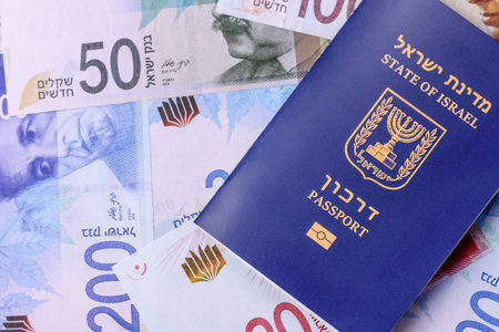 Israel passport for traveling, flying and doing business. Israeli document, id for crossing the borderの写真素材