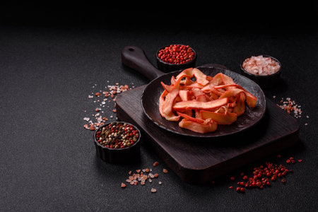 Food, dried squid in shavings or chopped as snacks or jerky. Snack dried squid for beer, background...