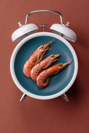 Cooked shrimp, prawn, meal, fresh seafood. Concept time to eat prawns