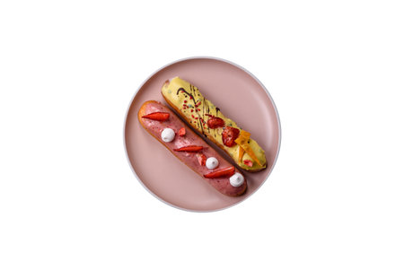 French food, dessert eclair with chocolate filling and covered with colored icing. Sweet eclair as a...