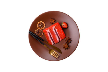 A piece of red velvet cake as a food background. Sweet pastries for birthday celebrations, weddings