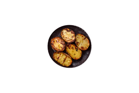 Food, potatoes cut in halves or slices grilled. Cooked baked potatoes with salt and spicesの写真素材