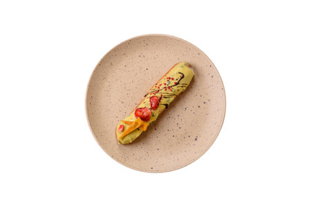 French food, dessert eclair with chocolate filling and covered with colored icing. Sweet eclair as a...