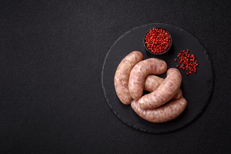 Raw meat sausages made from beef or pork, fresh meat for barbecuing or grilling. Raw sausages as a background for your designの写真素材