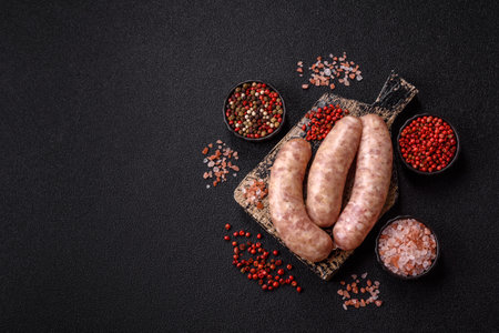 Raw meat sausages made from beef or pork, fresh meat for barbecuing or grilling. Raw sausages as a background for your designの写真素材