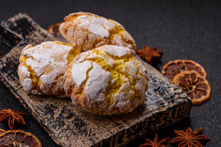 Crinkle biscuits lemon or banana, healthy vegan food. Lemon biscuits on a ceramic plateの写真素材