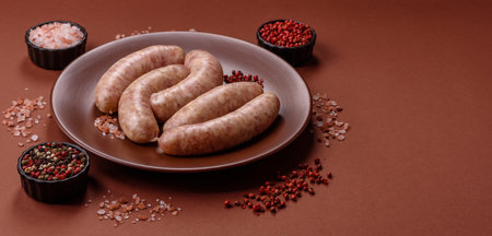 Raw meat sausages made from beef or pork, fresh meat for barbecuing or grilling. Raw sausages as a background for your designの写真素材