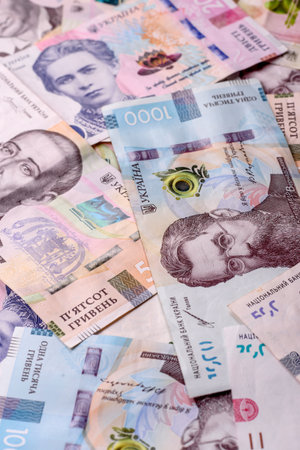 Ukrainian money, hryvnia, paper banknotes, cash. Ukrainian money for doing business, travellingの写真素材