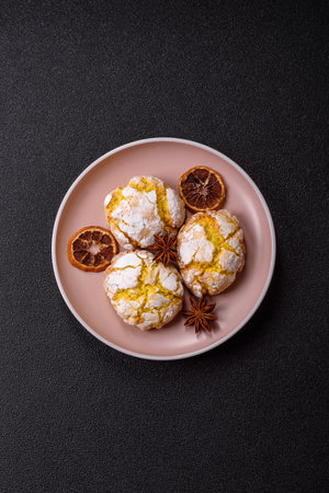 Crinkle biscuits lemon or banana, healthy vegan food. Lemon biscuits on a ceramic plateの写真素材
