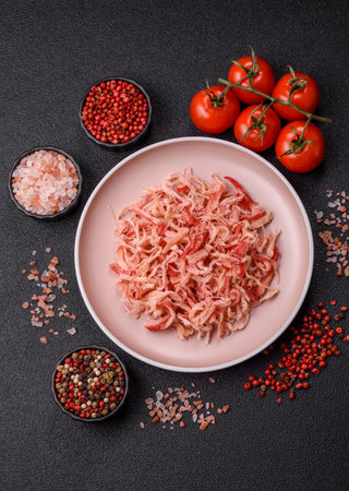 Food, dried squid in shavings or chopped as snacks or jerky. Snack dried squid for beer, background for your designの写真素材