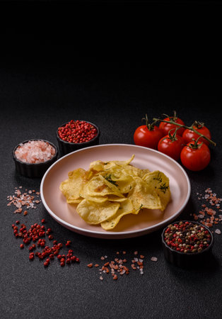 Crisps fried with salt, spices and garlic. Cooked potatoes as a background for your designの写真素材