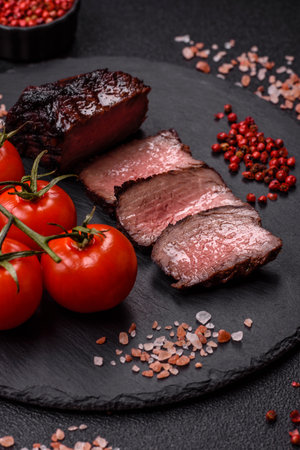 Grilled beef steak meat with salt and pepper. Beef steak grilled on a barbecue as a background for your designの写真素材