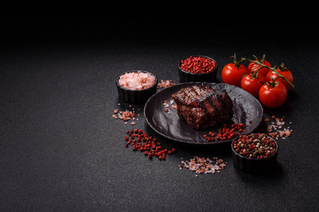 Grilled beef steak meat with salt and pepper. Beef steak grilled on a barbecue as a background for your designの写真素材