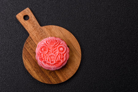 Chinese mooncake is an Asian sweet dessert with a coating of rice dough and fruit filling. Asian...