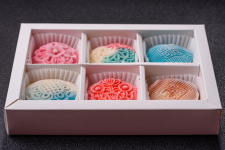 Chinese mooncake is an Asian sweet dessert with a coating of rice dough and fruit filling. Asian mooncake as a background for your designの写真素材