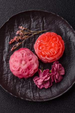 Chinese mooncake is an Asian sweet dessert with a coating of rice dough and fruit filling. Asian...