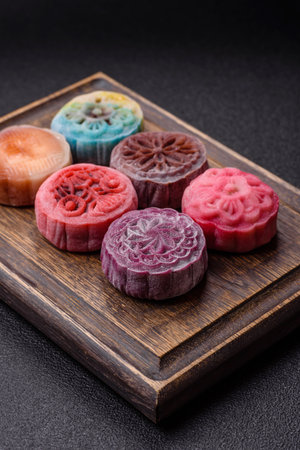 Chinese mooncake is an Asian sweet dessert with a coating of rice dough and fruit filling. Asian...