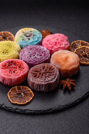 Chinese mooncake is an Asian sweet dessert with a coating of rice dough and fruit filling. Asian mooncake as a background for your designの写真素材