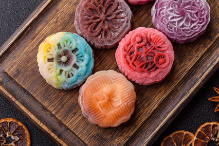 Chinese mooncake is an Asian sweet dessert with a coating of rice dough and fruit filling. Asian mooncake as a background for your designの写真素材