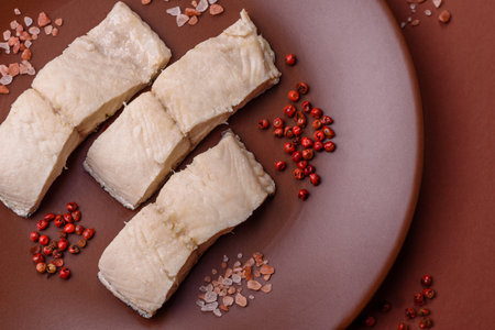 White fish fillets, seafood cooked with salt and spices. Fish fillets on a ceramic plate