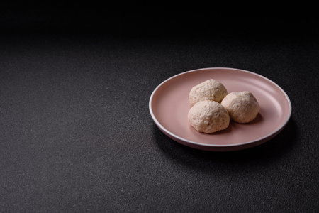 Chicken meatballs, cutlets steamed with salt and spices, a healthy meal. Steamed chicken meatball on...