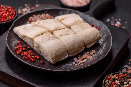 White fish fillets, seafood cooked with salt and spices. Fish fillets on a ceramic plate