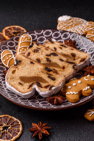 Christmas stollen, a German sweet cake with marzipan fruit and candied fruit. Winter Christmas stollen for the festive tableの写真素材