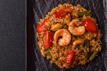 Rice and prawns or paella, a meal with seafood and vegetables. Cooked rice with shrimp, Asian or Spanish foodの写真素材