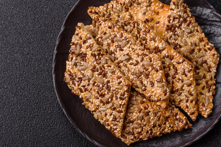 Crispbread, thin bread with seeds and grains, a baked cracker. Crispbread with pumpkin seeds and...