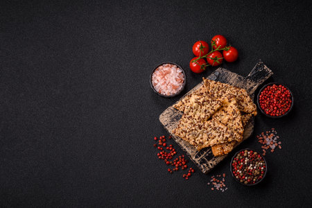 Crispbread, thin bread with seeds and grains, a baked cracker. Crispbread with pumpkin seeds and...