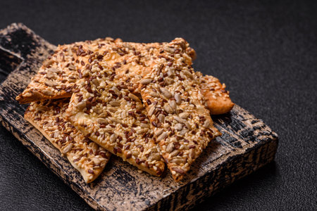Crispbread, thin bread with seeds and grains, a baked cracker. Crispbread with pumpkin seeds and...