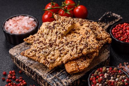 Crispbread, thin bread with seeds and grains, a baked cracker. Crispbread with pumpkin seeds and...