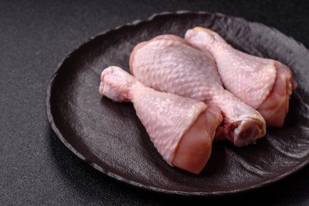 Raw chicken legs, fresh uncooked poultry meat. Chicken or turkey legs with salt and spicesの写真素材