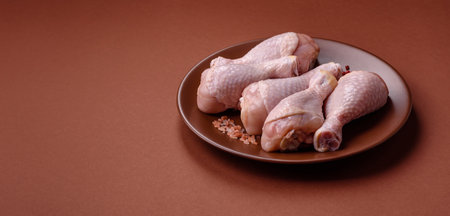 Raw chicken legs, fresh uncooked poultry meat. Chicken or turkey legs with salt and spicesの写真素材
