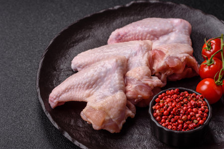 Raw chicken wings, fresh uncooked poultry meat. Chicken or turkey wings with salt and spicesの写真素材