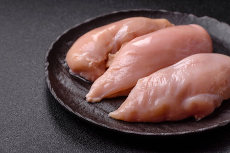 Meat, raw chicken fillets, poultry breast, skinless and boneless food. Raw chicken fillet as an ingredient for food preparationの写真素材