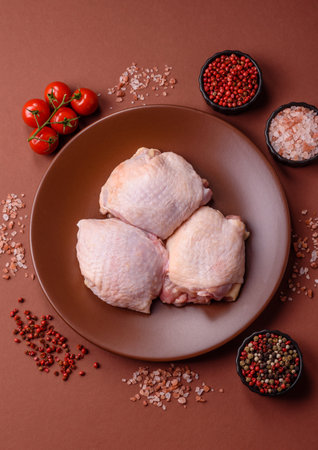 Meat, raw chicken thigh, leg in skin with salt and spices. Raw chicken thigh meat for food backgroundの写真素材