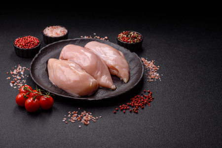 Meat, raw chicken fillets, poultry breast, skinless and boneless food. Raw chicken fillet as an ingredient for food preparationの写真素材